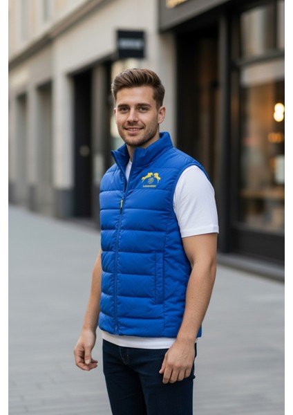 Su ve Rüzgar Geçirmez Erkek Dik Yaka Mevsimlik Mavi Şişme Yelek