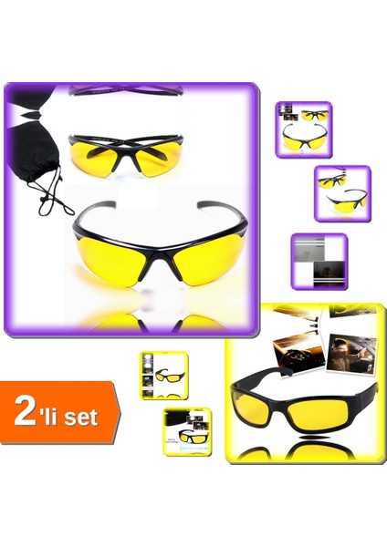 Anti Far Gece Görüş Sarı Lensli Sürücü Gözlüğü - 2li Set Y9T6T2