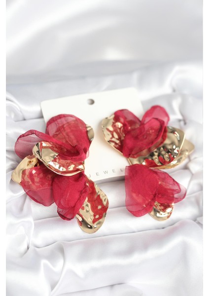 Pirinç Gold Renk Bordo Tüllü Lotus Kadın Küpe