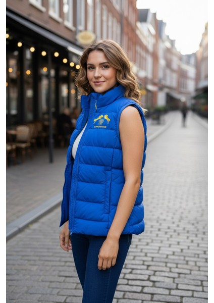 Su ve Rüzgar Geçirmez Kadın Dik Yaka Mevsimlik Mavi Şişme Yelek