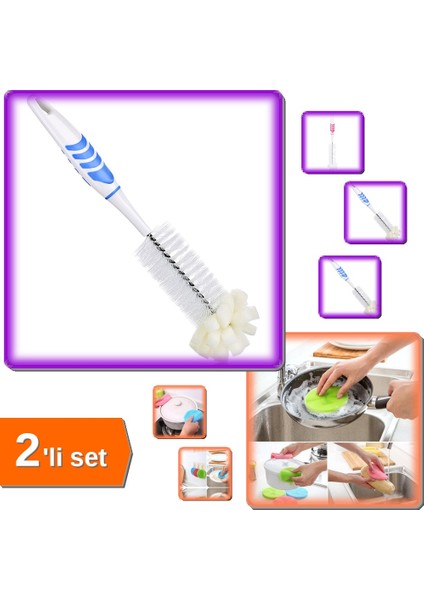 Şişe Temizleme Fırçası + 2 Adet Silikon Bulaşık Fırçası - Nihale Tutacak - 2li Set M5N6A1