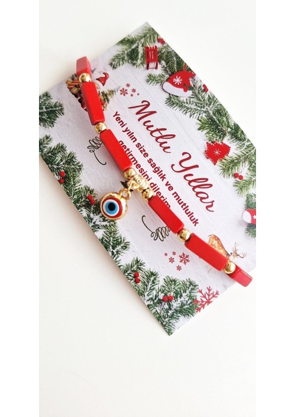 Yeni Yıl Hediyesi Kartlı Nazar Boncuklu Kırmızı Bileklik fiyatları