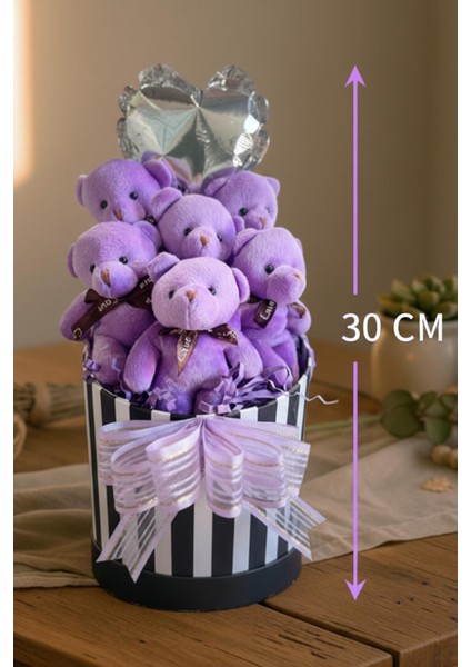 Premium Silindir Hediye Kutusunda, Kalpli Balonlu 6’lı Mor Ayıcık Buketi indirimleri