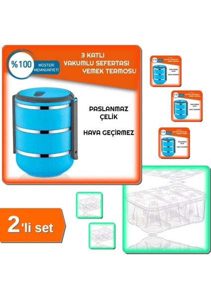 Mavi 3lü Sefer Tası Yemek Termosu Saklama Kabı + 6 Bölmeli Su Bardağı Taşıma Kutusu Şeffaf - 2li Set