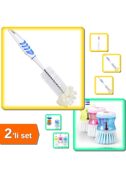 Şişe Temizleme Fırçası + Deterjan Hazneli Bulaşık Fırçası - 2li Set N0T2W3