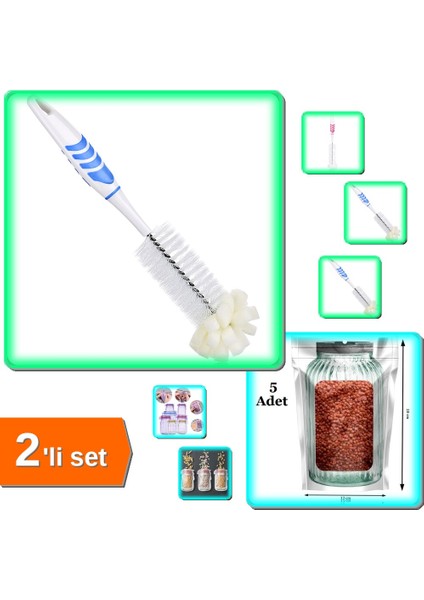 Şişe Temizleme Fırçası + 5 Adet Kavanoz Görünümlü Kilitli Saklama Poşeti Çıtçıtlı - 2li Set J3D1Q7