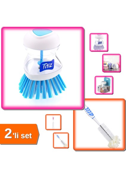 Deterjan Hazneli Bulaşık Fırçası + Şişe Temizleme Fırçası - Kolay Kullanım - 2li Set B9D5B0