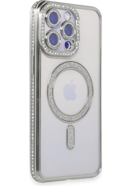 MYT09 iPhone 15 Pro Kılıf Joke Simli Magneticsafe Kılıf - Gümüş