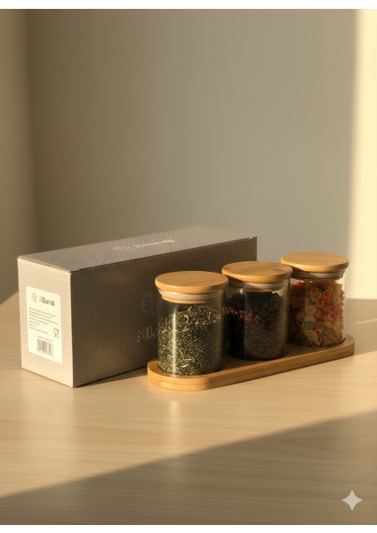 Bambu Kapaklı Cam Baharatlık Seti 3’lü – Standlı