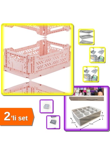 Katlanabilir Kasa 4 Lt + Pratik 12 Bölmeli Çekmece Düzenleyici Organizer - 2li Set D8Z7D7