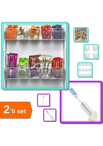 6 Adet Buzdolabı Içi Mini Kapak Düzenleyici Kutu + Şişe Temizleme Fırçası - 2li Set X0X7F1