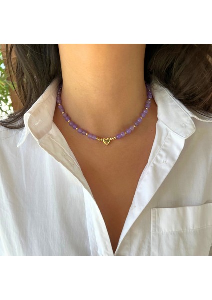 El Yapımı Ametist Doğal Taş Altın Kalp Uçlu Özel Tasarım Minimal Kadın Doğaltaş Kolye