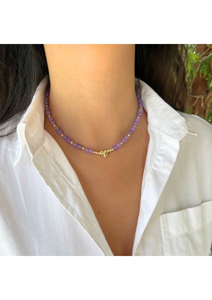 El Yapımı Ametist Doğal Taş Altın Kalp Uçlu Özel Tasarım Minimal Kadın Doğaltaş Kolye fiyatları