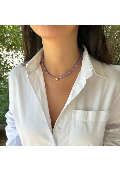 El Yapımı Ametist Doğal Taş Altın Kalp Uçlu Özel Tasarım Minimal Kadın Doğaltaş Kolye modelleri