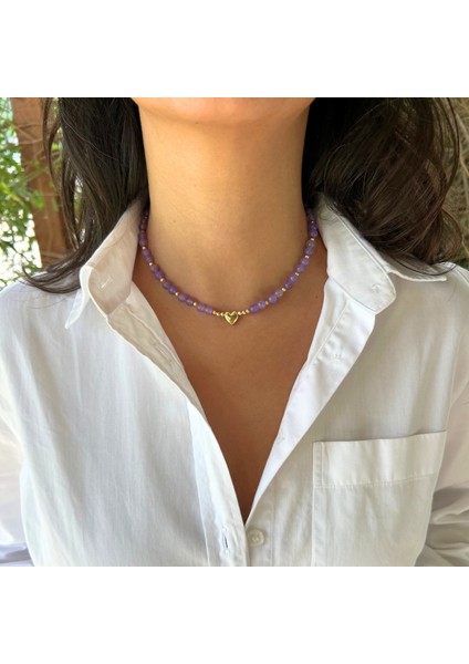 El Yapımı Ametist Doğal Taş Altın Kalp Uçlu Özel Tasarım Minimal Kadın Doğaltaş Kolye fırsatları