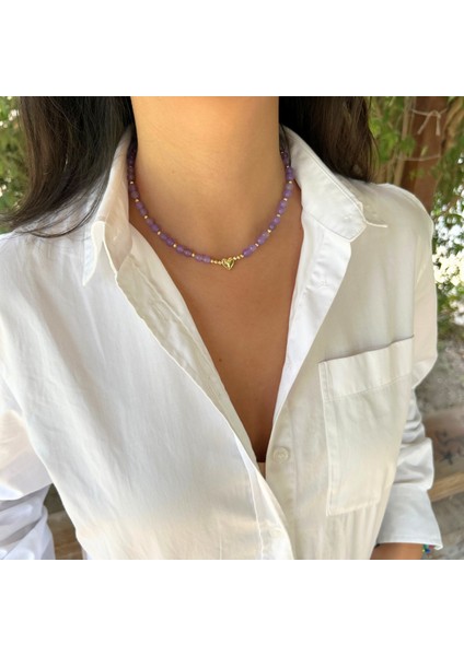 El Yapımı Ametist Doğal Taş Altın Kalp Uçlu Özel Tasarım Minimal Kadın Doğaltaş Kolye indirimleri