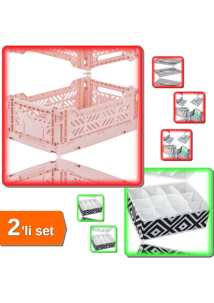 Katlanabilir Kasa 4 Lt + 12 Bölmeli Mozaik Desen Pratik Çekmece Düzenleyici - 2li Set Q4W2G3