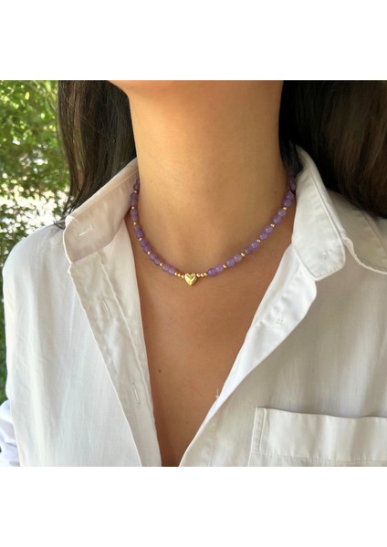 El Yapımı Ametist Doğal Taş Altın Kalp Uçlu Özel Tasarım Minimal Kadın Doğaltaş Kolye