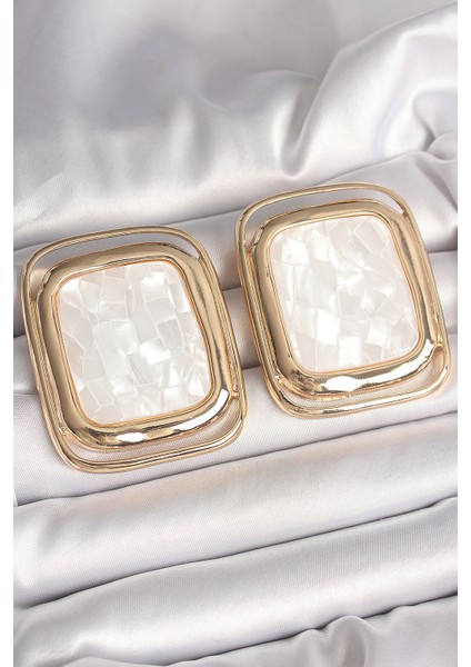 Pirinç Gold Renk Beyaz Mineli Kare Model Kadın Küpe - TJ-BKP10428