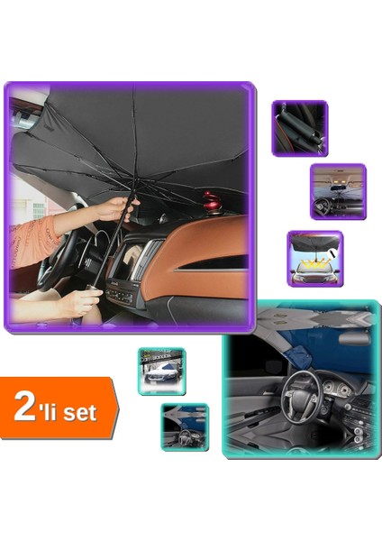 Araç Güneşlik Şemsiyesi 145X79 cm + Kar Buz Önleyici Branda 150X70 cm - 2li Set X6N5T1