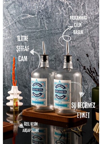 1 Litre Marine Serisi Ahşap Stantlı Şeffaf Zeytinyağı Şişes ve Ayçiçek Yağı Şişesi