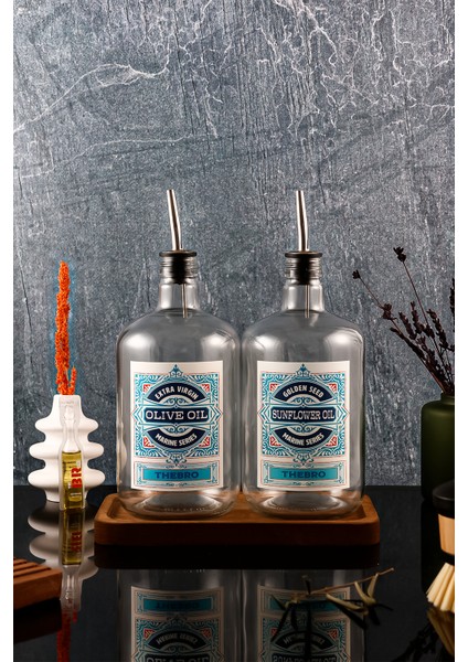1 Litre Marine Serisi Ahşap Stantlı Şeffaf Zeytinyağı Şişes ve Ayçiçek Yağı Şişesi modelleri