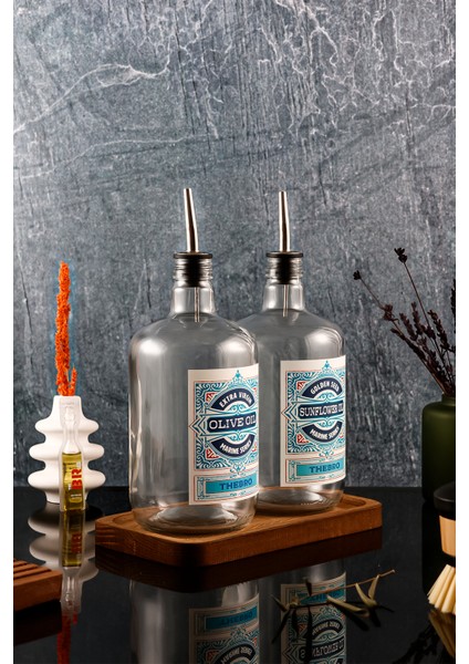 1 Litre Marine Serisi Ahşap Stantlı Şeffaf Zeytinyağı Şişes ve Ayçiçek Yağı Şişesi fırsatları