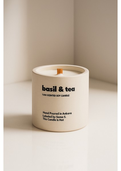 : Basil & Tea : Modern Beyaz Beton Mum (Reyhan, Bergamot, Siyahçay, Ylangylang)
