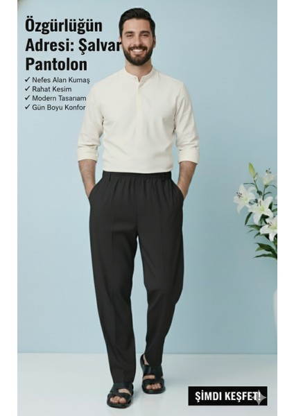 Online Collections Hacı ve Umre için Günlükte Şık Kesim Rahat Kalıp Erkek Şalvar Pantolon Siyah - 2XL