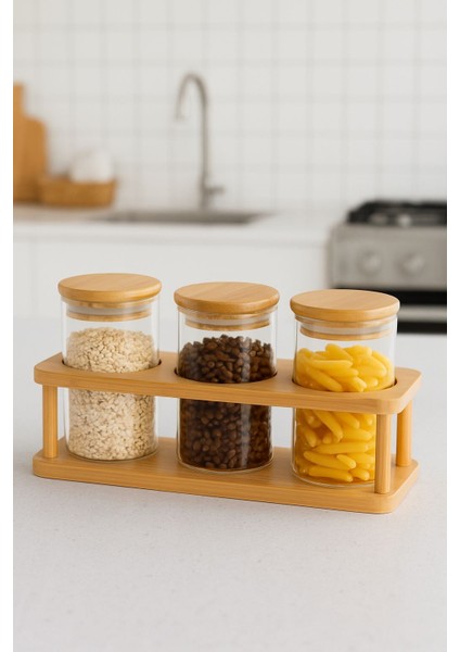 3’lü Bambu Kapaklı Cam Baharatlık Seti – Standlı / Modern Mutfak Düzenleyici – Hava Korumalı