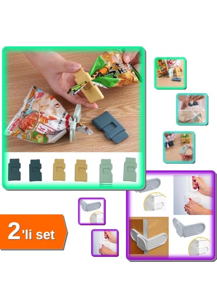 Poşet Kapatma Klipsi 6 Adet + Çocuk Çekmece Dolap Köşe Yapışkanlı Güvenlik Kilidi - 2li Set Y3W0H5