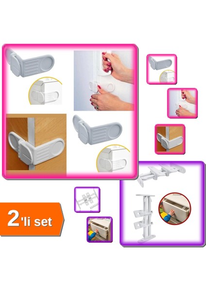 Güvenlik Vidasız Köşe Kapak Kilidi + Çekmece Koruma Sürgülü Kilid - 2li Çocuk Güvenlik Seti F4S8W3