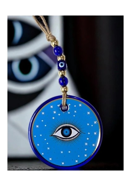 Açık Mavi Yıldız Işlemeli Göz Model Duvar Süsü Nazar Boncuklu Duvar Dekoru