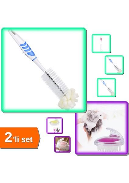 Şişe Temizleme Fırçası + Ince Uçlu Şampuan Hazneli Silikon Saç Yıkama Masaj Aleti - 2li Set J8K3X0