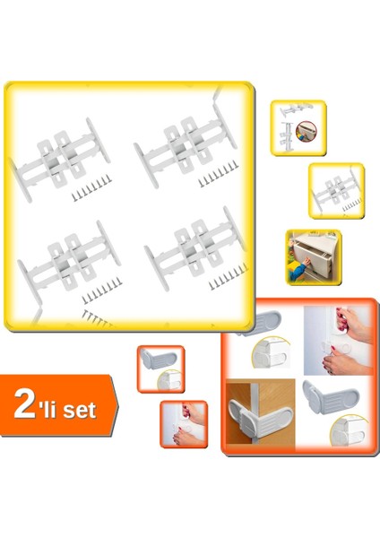 4 Adet Bebek Çocuk Sürgülü Koruma Kilidi + Kendiliğinde Yapışkanlı Köşe Kapak Kilidi - 2li Set J6G3R