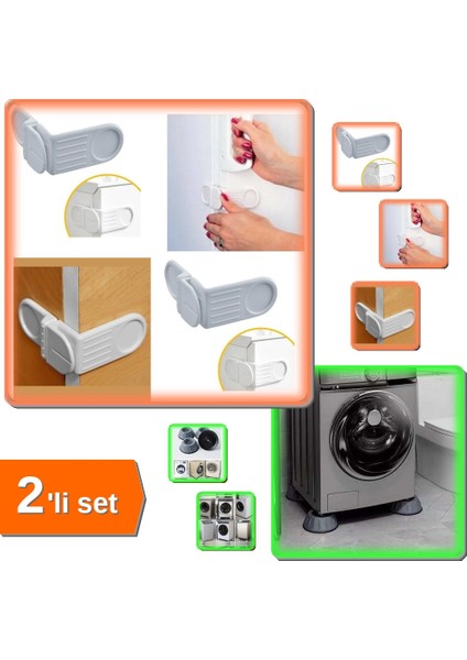 Yapışkanlı Kapak Çekmece Dolap Köşe Kilidi + 4 Adet Gürültü Emici Titreşim Aparatı - 2li Set S9T3N8