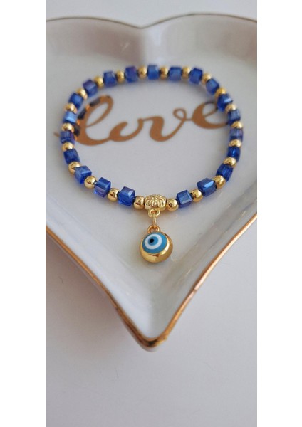 Hediyelik Kristal Taşlı Nazar Boncuklu Bileklik - Mavi