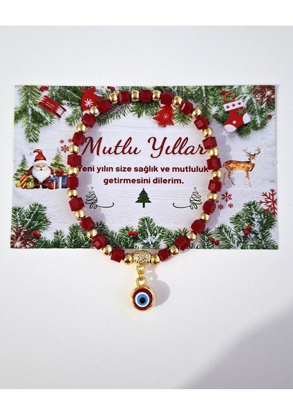 Yeni Yıl Hediyelik Kristal Taşlı Nazar Boncuklu Kırmızı Bileklik