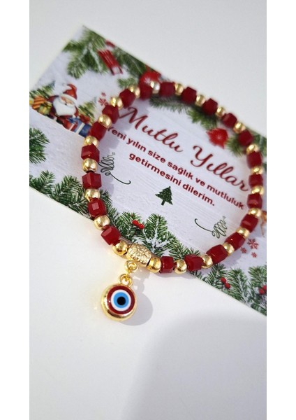 Yeni Yıl Hediyelik Kristal Taşlı Nazar Boncuklu Kırmızı Bileklik modelleri