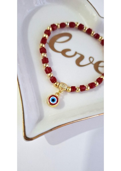 Yeni Yıl Hediyelik Kristal Taşlı Nazar Boncuklu Kırmızı Bileklik fırsatları