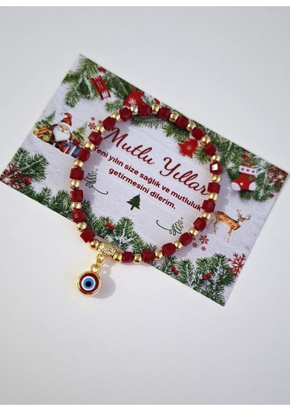Yeni Yıl Hediyelik Kristal Taşlı Nazar Boncuklu Kırmızı Bileklik indirimleri