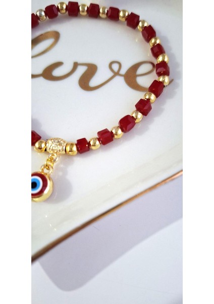 Yeni Yıl Hediyelik Kristal Taşlı Nazar Boncuklu Kırmızı Bileklik