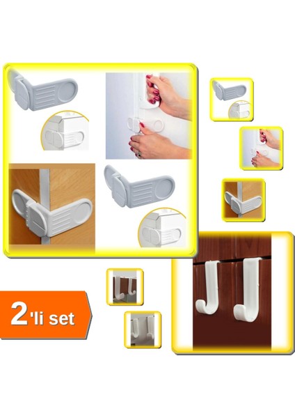 Çocuk Çekmece Dolap Yapışkanlı Köşe Güvenlik Kilidi + 7 Adet Çekmece Plastik Askı - 2li Set P0U3K7