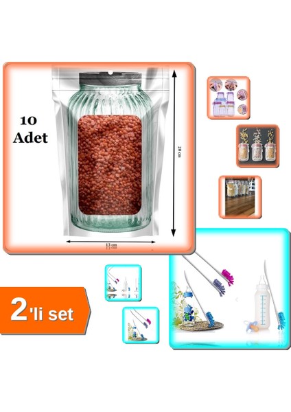 10 Adet Kavanoz Görünümlü Kilitli Poşeti Çıtçıtlı + Biberon ve Şişe Temizleme Fırçası - 2li Set U1W8