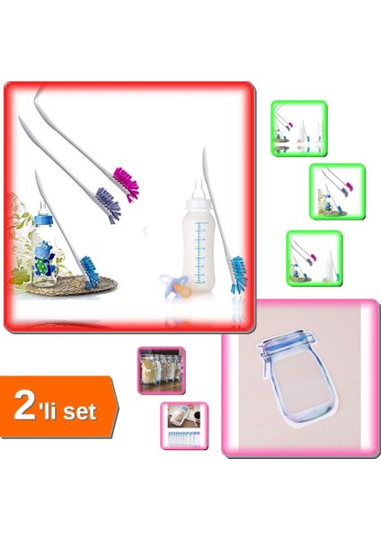 Biberon ve Şişe Temizleme Fırçası + 1 Adet Kavanoz Görünümlü Saklama Poşeti 620 ml - 2li Set X3H7D8