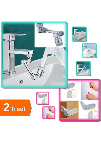 1080 Derece Dönebilen Robotik Kol Musluk Başlığı + Dolap Çekmece Vidasız Köşe Kilidi - 2li Set J0F0N