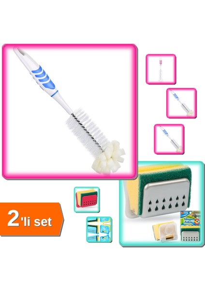 Şişe Temizleme Fırçası + Sünger Askısı Sponge Hanger Bulaşık Süngeri - 2li Mutfak Set E2H0X6