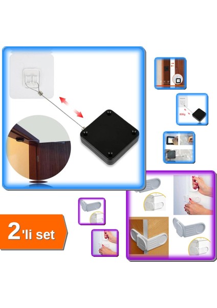 Otomatik Kapı Kapatma Aparatı + Çekmece Kendiliğinde Yapışkanlı Güvenlik Köşe Kilidi - 2li Set Z7L1X