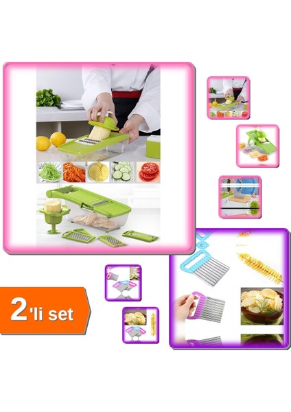 5 Başlıklı Hazneli Kaymaz Rende Jülyen + Kolay Patates Meyve ve Sebze Dilimleyici - 2li Set R9B7Z0