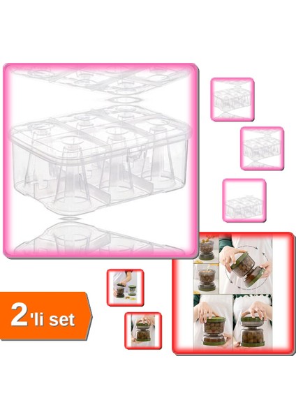 Şeffaf Su Bardağı Taşıma Kutusu + Çift Taraflı Süzgeçli Kapaklı Zeytin Turşu Saklama Kabı - 2li Set